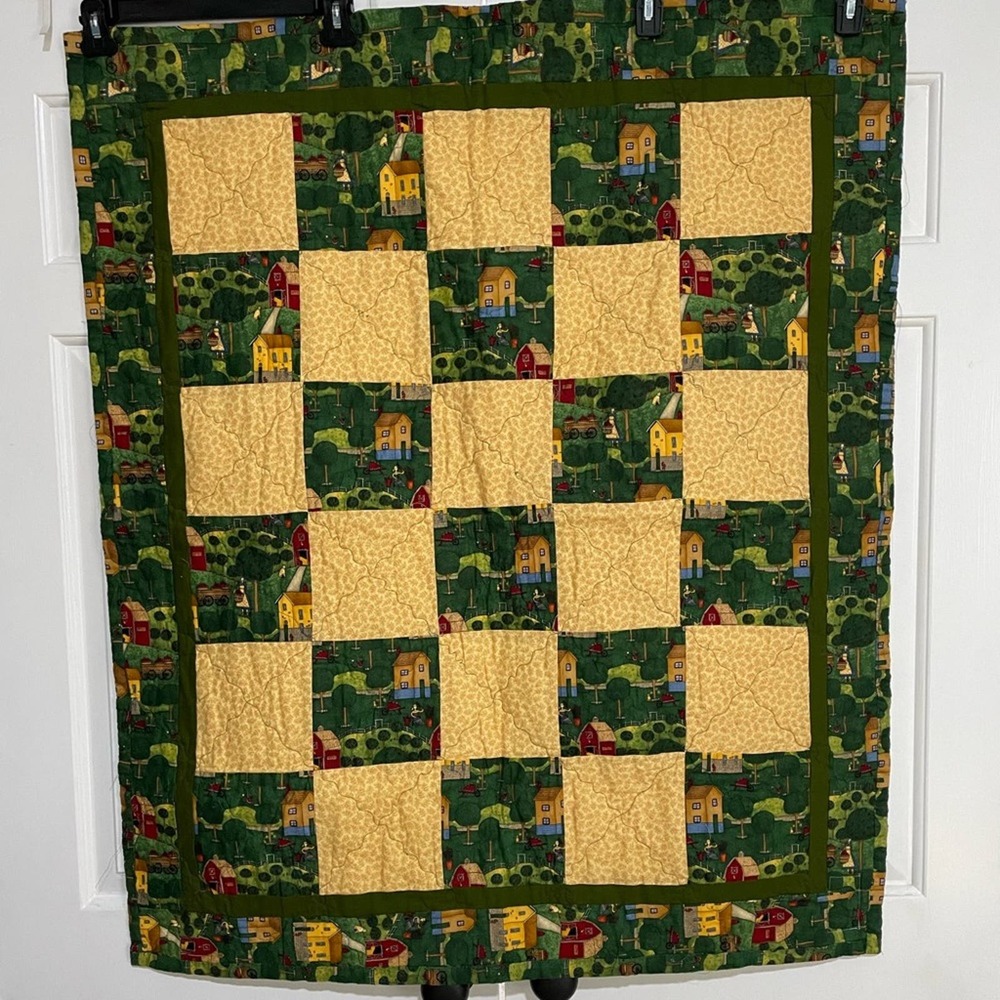 Handmade Lap‎ Quilt Cottacore Yellow Check Village Scene Green Border
